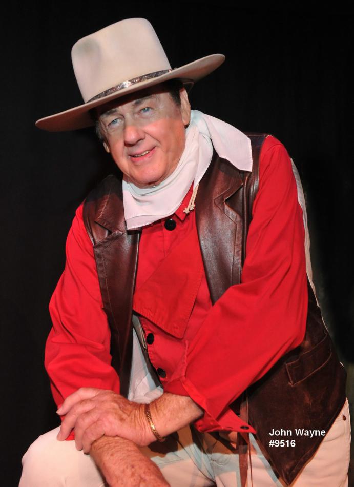 john wayne impersonator red shirt and hat