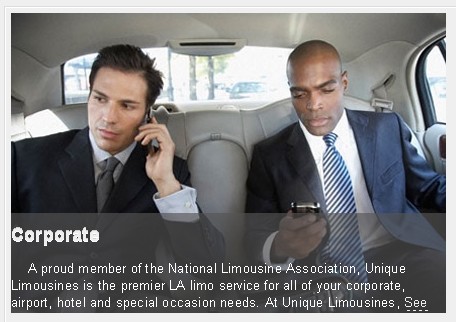limousine limo rental corporate events los angeles hollywood california 2 men in corporate limo